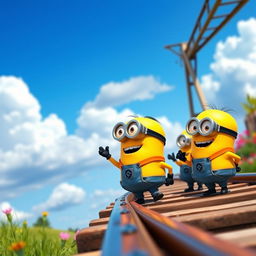 Cartoon style minions standing on a railway track wearing bright orange vests