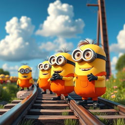 Cartoon style minions standing on a railway track wearing bright orange vests