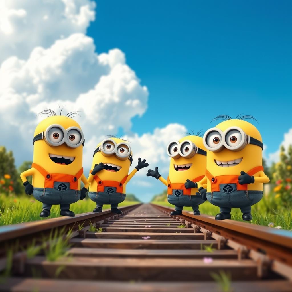 Cartoon style minions standing on a railway track wearing bright orange vests