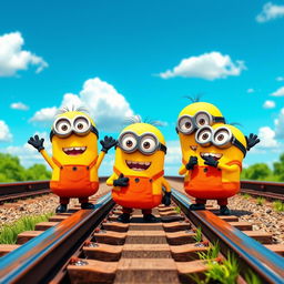 Cartoon style minions standing on a railway track wearing bright orange vests