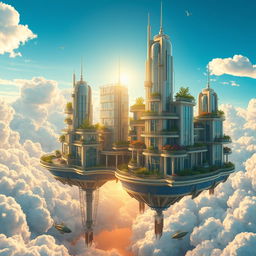 A whimsical city floating high in the sky, surrounded by fluffy white clouds and a bright blue sky
