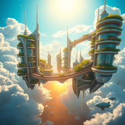 A whimsical city floating high in the sky, surrounded by fluffy white clouds and a bright blue sky