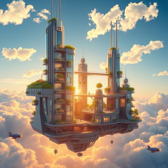 A whimsical city floating high in the sky, surrounded by fluffy white clouds and a bright blue sky