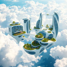 A breathtaking sky city, suspended among soft puffs of white clouds against a stunning azure backdrop