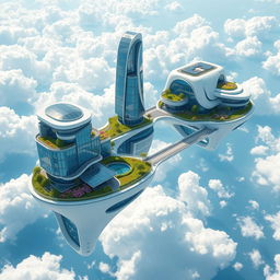 A breathtaking sky city, suspended among soft puffs of white clouds against a stunning azure backdrop