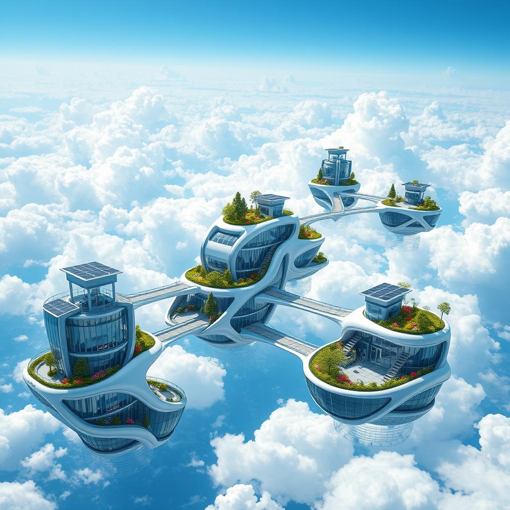 A breathtaking sky city, suspended among soft puffs of white clouds against a stunning azure backdrop