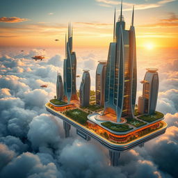 A futuristic sky city floating among fluffy clouds, featuring sleek skyscrapers made of glass and metal, connected by glowing pathways