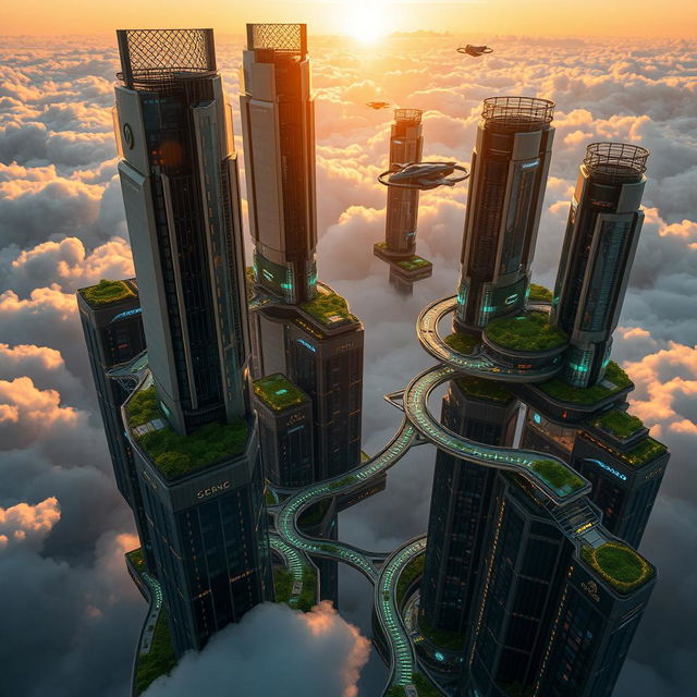 A futuristic sky city floating among fluffy clouds, featuring sleek skyscrapers made of glass and metal, connected by glowing pathways