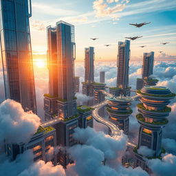 A futuristic sky city floating among fluffy clouds, featuring sleek skyscrapers made of glass and metal, connected by glowing pathways