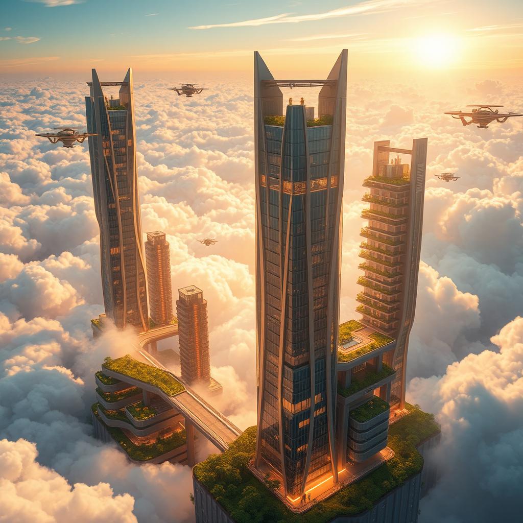 A futuristic sky city floating among fluffy clouds, featuring sleek skyscrapers made of glass and metal, connected by glowing pathways