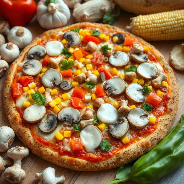 A delicious pizza topped with mushroom slices, colorful bell peppers, corn, and tender chicken pieces, all covered with melted mozzarella cheese