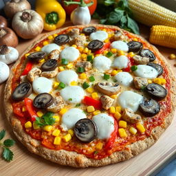 A delicious pizza topped with mushroom slices, colorful bell peppers, corn, and tender chicken pieces, all covered with melted mozzarella cheese