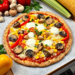 A delicious pizza topped with mushroom slices, colorful bell peppers, corn, and tender chicken pieces, all covered with melted mozzarella cheese