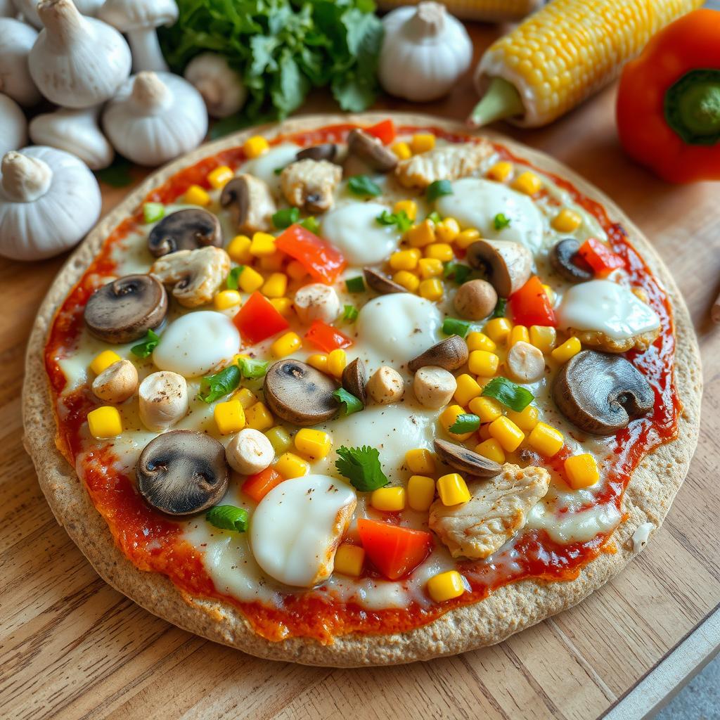 A delicious pizza topped with mushroom slices, colorful bell peppers, corn, and tender chicken pieces, all covered with melted mozzarella cheese