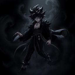An eye-catching black anime scene featuring a powerful character in a dramatic pose, set against a dark backdrop