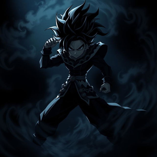 An eye-catching black anime scene featuring a powerful character in a dramatic pose, set against a dark backdrop