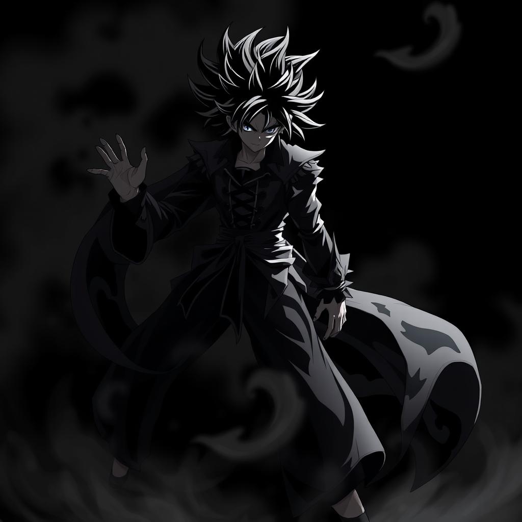 An eye-catching black anime scene featuring a powerful character in a dramatic pose, set against a dark backdrop