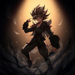 An eye-catching black anime scene featuring a powerful character in a dramatic pose, set against a dark backdrop