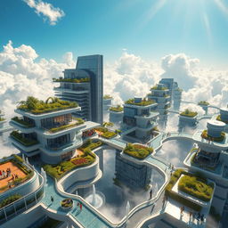 A stunning photorealistic city in the sky, featuring floating buildings with modern architectural designs, interconnected by shimmering glass walkways