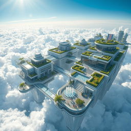 A stunning photorealistic city in the sky, featuring floating buildings with modern architectural designs, interconnected by shimmering glass walkways