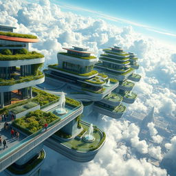 A stunning photorealistic city in the sky, featuring floating buildings with modern architectural designs, interconnected by shimmering glass walkways