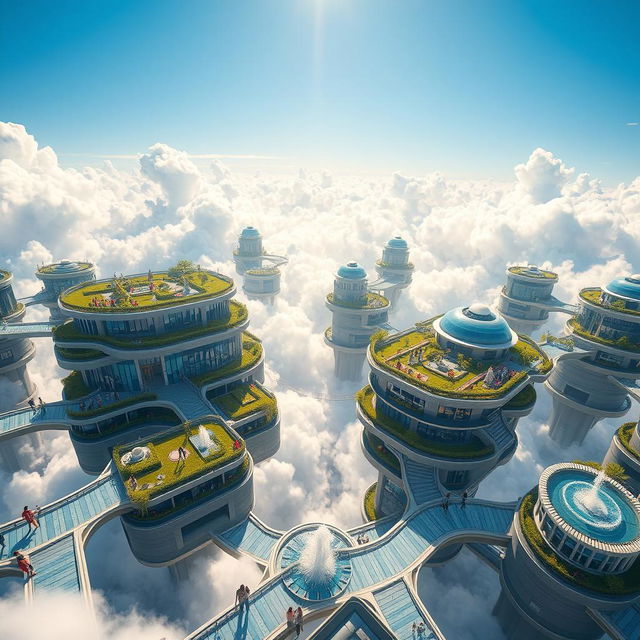 A stunning photorealistic city in the sky, featuring floating buildings with modern architectural designs, interconnected by shimmering glass walkways