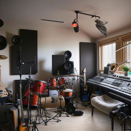 An eclectic home music studio, blending seamlessly into a comfortable, modern bedroom. The room is filled with musical instruments, recording equipment, and cozy bedroom furnishings.