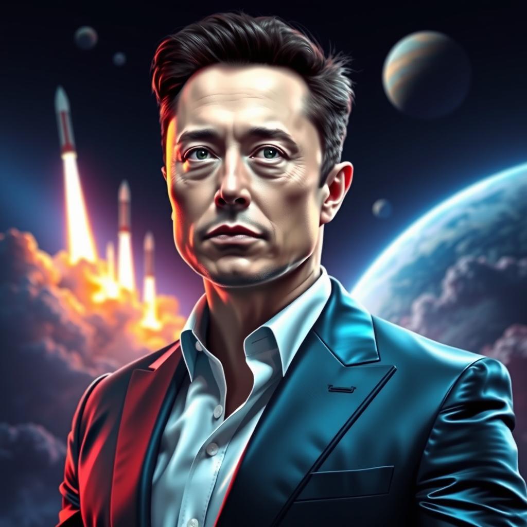 A futuristic portrait of Elon Musk, depicting him with a confident expression and futuristic technology in the background