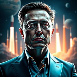 A futuristic portrait of Elon Musk, depicting him with a confident expression and futuristic technology in the background