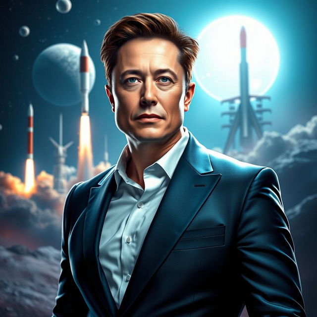 A futuristic portrait of Elon Musk, depicting him with a confident expression and futuristic technology in the background