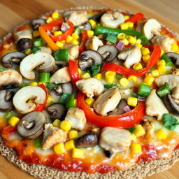 A delicious pizza topped with sliced mushrooms, colorful bell peppers, sweet corn, tender pieces of chicken, and melted, golden-brown mozzarella cheese, all on a bed of brown rice crust