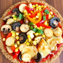 A delicious pizza topped with sliced mushrooms, colorful bell peppers, sweet corn, tender pieces of chicken, and melted, golden-brown mozzarella cheese, all on a bed of brown rice crust