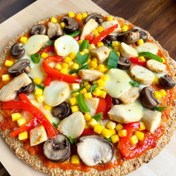 A delicious pizza topped with sliced mushrooms, colorful bell peppers, sweet corn, tender pieces of chicken, and melted, golden-brown mozzarella cheese, all on a bed of brown rice crust