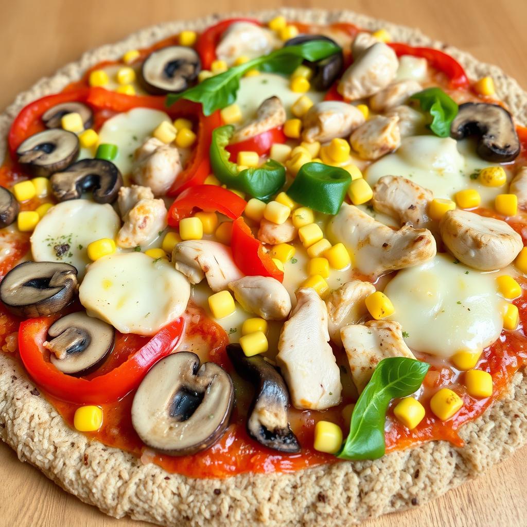 A delicious pizza topped with sliced mushrooms, colorful bell peppers, sweet corn, tender pieces of chicken, and melted, golden-brown mozzarella cheese, all on a bed of brown rice crust