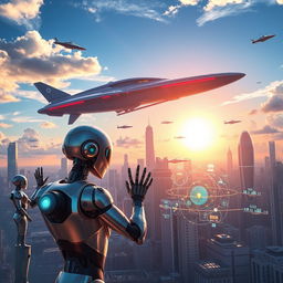 A vibrant and dynamic scene depicting a futuristic technology explosion featuring a sleek starship soaring through a bright blue sky, surrounded by flying Tesla cars with innovative designs