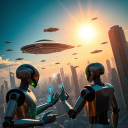 A vibrant and dynamic scene depicting a futuristic technology explosion featuring a sleek starship soaring through a bright blue sky, surrounded by flying Tesla cars with innovative designs