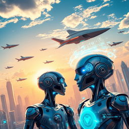 A vibrant and dynamic scene depicting a futuristic technology explosion featuring a sleek starship soaring through a bright blue sky, surrounded by flying Tesla cars with innovative designs