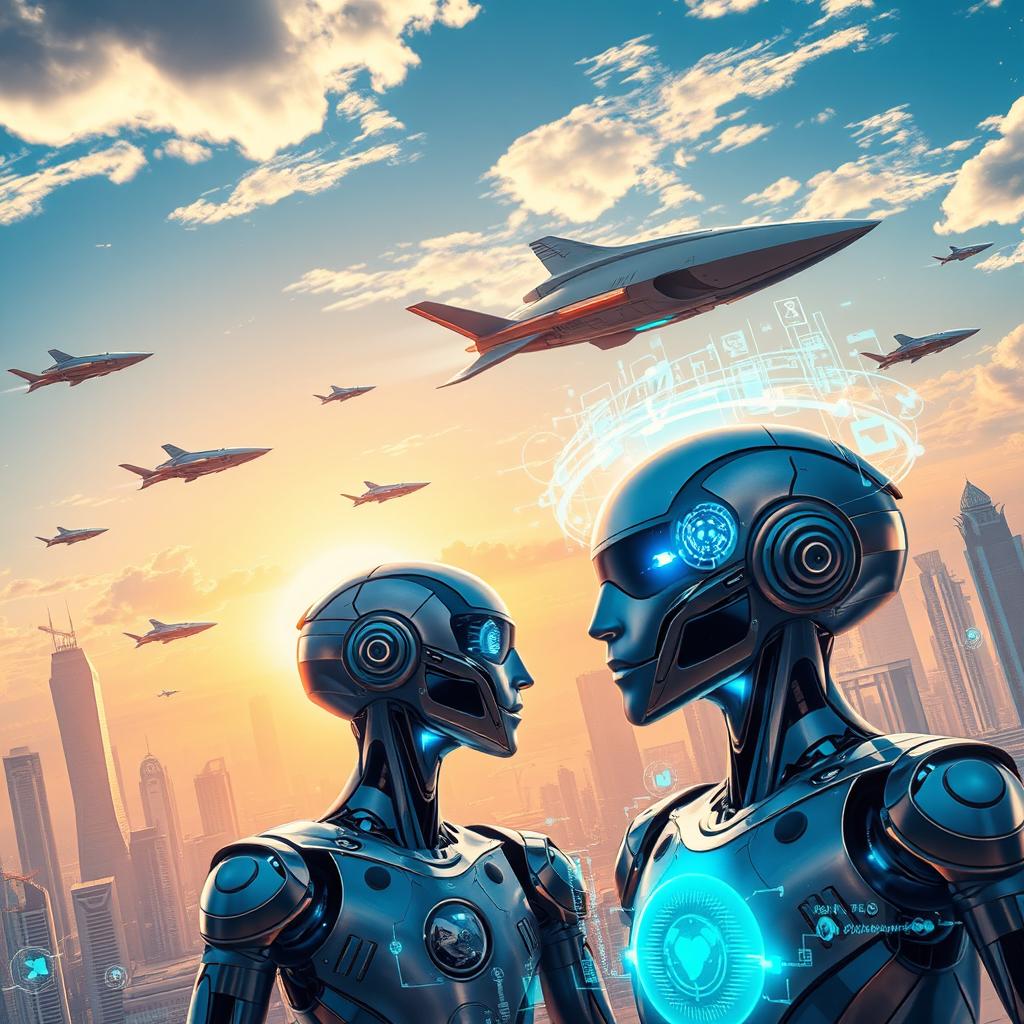 A vibrant and dynamic scene depicting a futuristic technology explosion featuring a sleek starship soaring through a bright blue sky, surrounded by flying Tesla cars with innovative designs