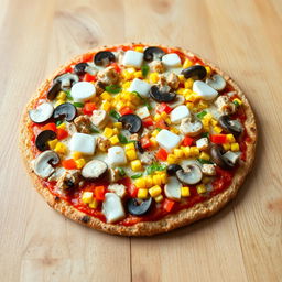 A delicious pizza topped with sliced mushrooms, colorful diced bell peppers, corn, and pieces of chicken, all generously covered in melted mozzarella cheese
