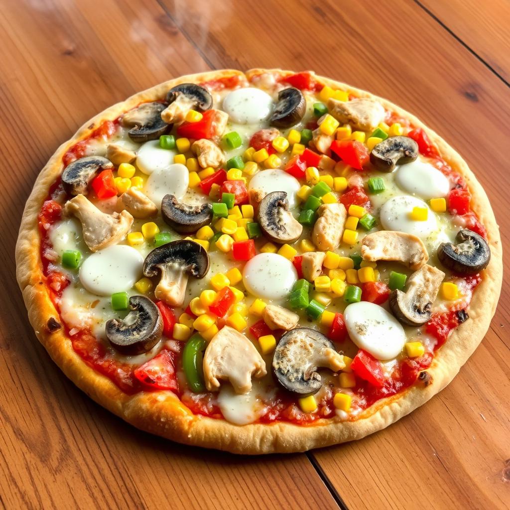 A delicious pizza topped with sliced mushrooms, colorful diced bell peppers, corn, and pieces of chicken, all generously covered in melted mozzarella cheese