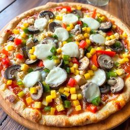 A delicious pizza topped with sliced mushrooms, colorful diced bell peppers, corn, and pieces of chicken, all generously covered in melted mozzarella cheese