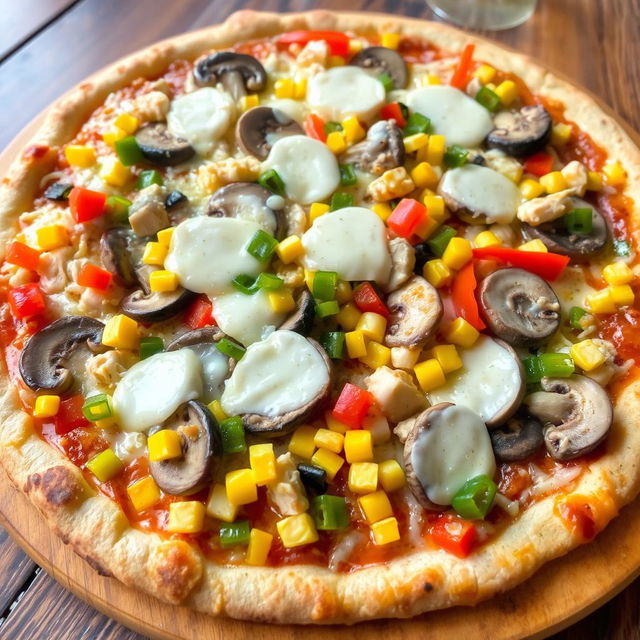 A delicious pizza topped with sliced mushrooms, colorful diced bell peppers, corn, and pieces of chicken, all generously covered in melted mozzarella cheese