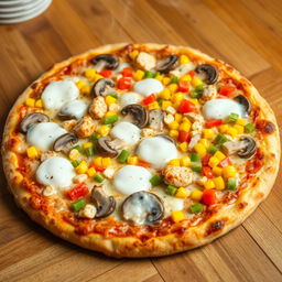 A delicious pizza topped with sliced mushrooms, colorful diced bell peppers, corn, and pieces of chicken, all generously covered in melted mozzarella cheese