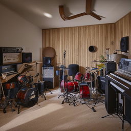 An eclectic home music studio, blending seamlessly into a comfortable, modern bedroom. The room is filled with musical instruments, recording equipment, and cozy bedroom furnishings.