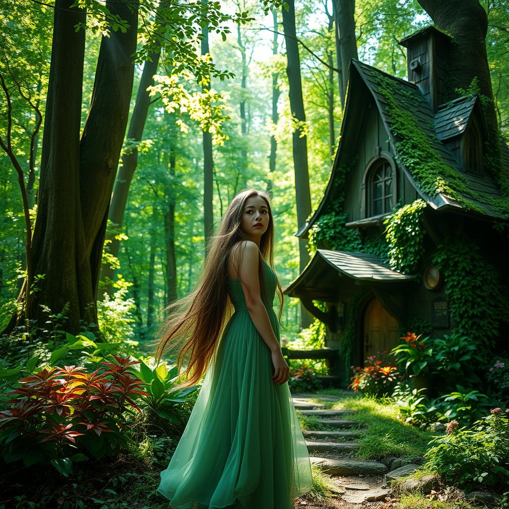 A young woman with long flowing hair standing in a lush green forest next to a mysterious witch's house