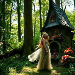 A young woman with long flowing hair standing in a lush green forest next to a mysterious witch's house