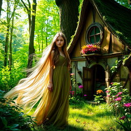 A young woman with long flowing hair standing in a lush green forest next to a mysterious witch's house