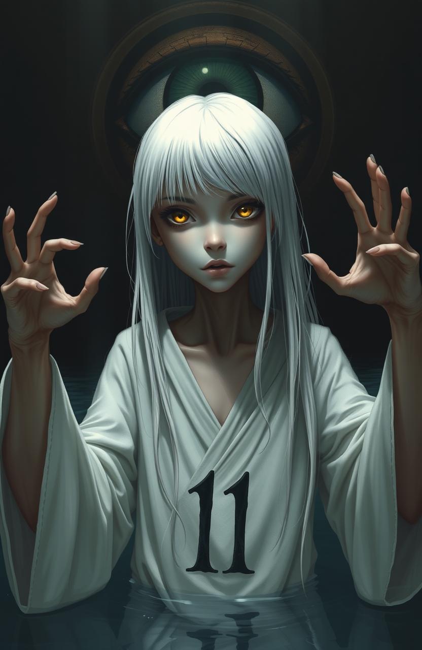 A skinny girl with long, straight white hair and striking yellow eyes, wearing a flowing white robe emblazoned with the number 11