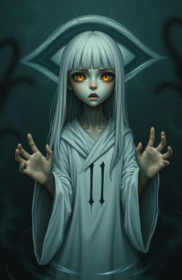 A skinny girl with long, straight white hair and striking yellow eyes, wearing a flowing white robe emblazoned with the number 11