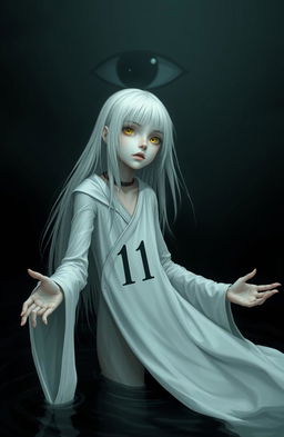 A skinny girl with long, straight white hair and striking yellow eyes, wearing a flowing white robe emblazoned with the number 11